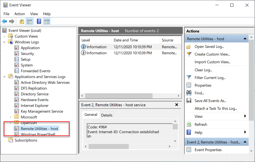 Windows event log showing Remote Utilities Host log